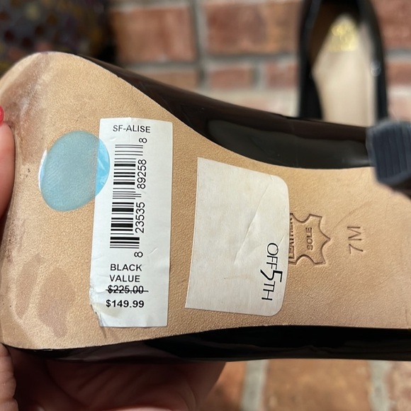 Saks Fifth Avenue Black Patent Leather Pom Pom Peep Toe Heels - Picture 6 of 6